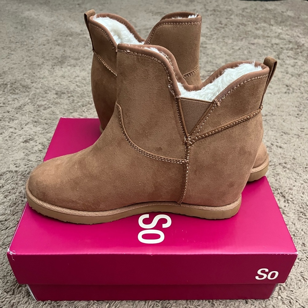 SO brown wedge fur lined slip on ankle boots